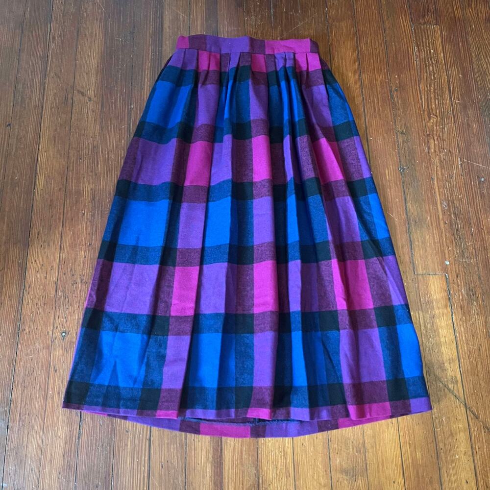 Vintage 80's Purple Blue and Pink Plaid Wool Maxi Skirt Size 27